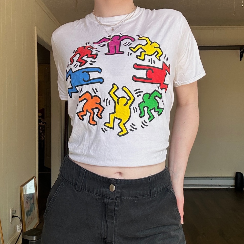 keith haring white multi-colored printed graphic tee